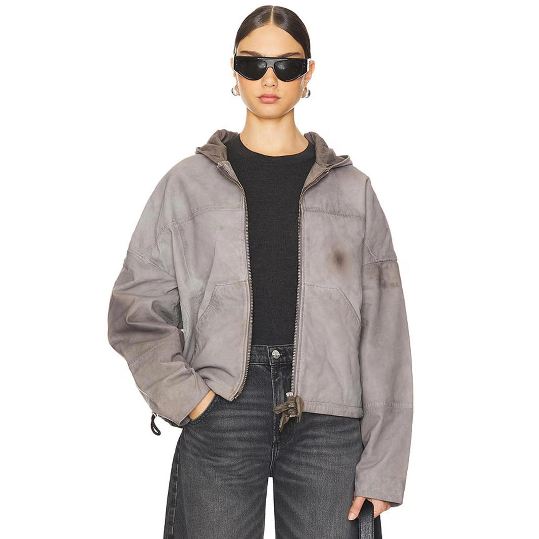 Free People Deadwood Hector Distressed Stained Gray Leather Jacket 0 $500 Msrp